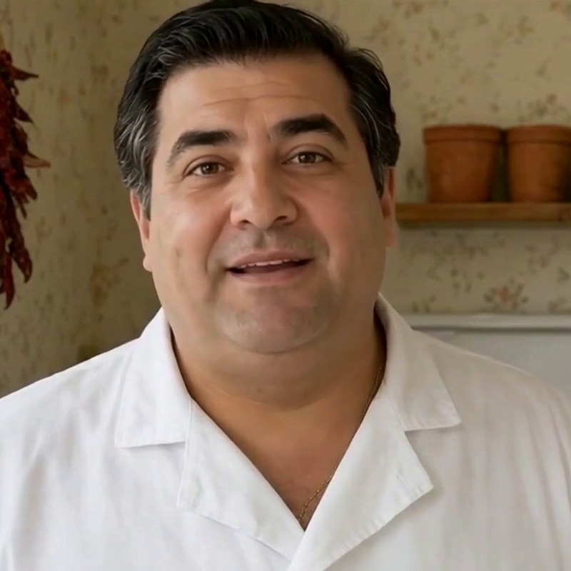 Giovanni Moretti in his white cook's jacket, leaning on the counter of his Brooklyn kitchen